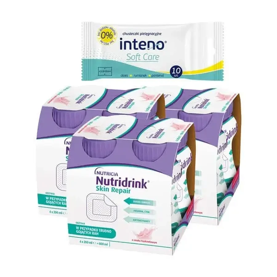 Набор: 3 упаковки Nutridrink Skin Repair, клубничный вкус, жидкость, по 200 мл + INTENO Soft Care, ухаживающие салфетки, 10 шт.: цены и характеристики