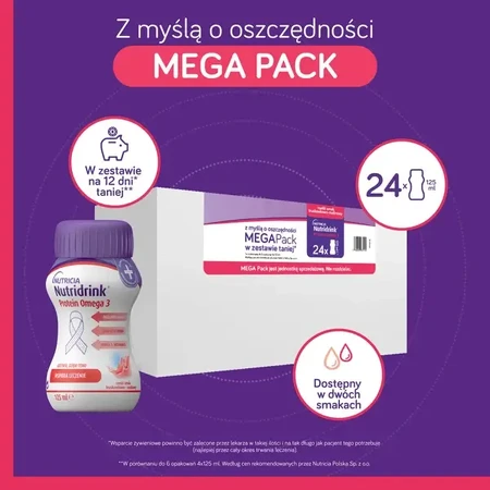 Nutridrink Protein Omega 3, набір MEGA Pack зі смаком полуниці та малини (6 × 4) × 125 мл: ціни та характеристики
