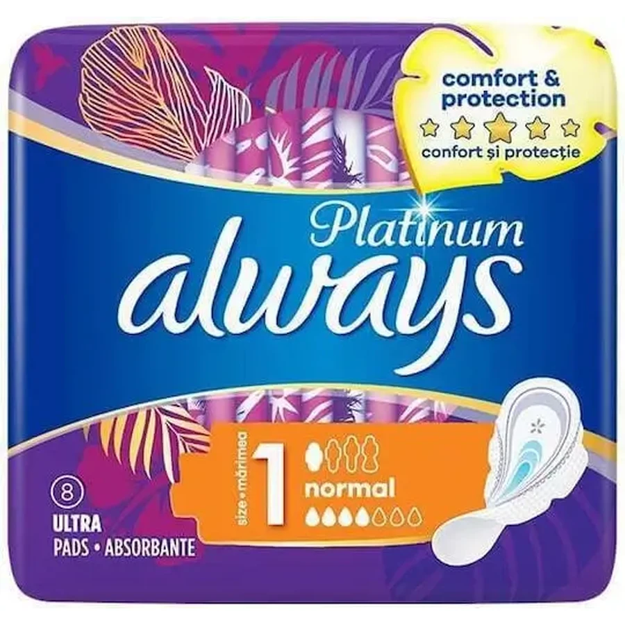 ALWAYS Platinum Comfort & Protection Ultra Normal Plus прокладки з крильцями для нормального потоку, розмір 1, 8 штук: ціни та характеристики