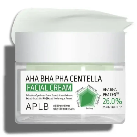 APLB AHA BHA PHA Centella Facial Cream, отшелушивающий и успокаивающий крем для лица с кислотами и центеллой азиатской, 55 мл: цены и характеристики