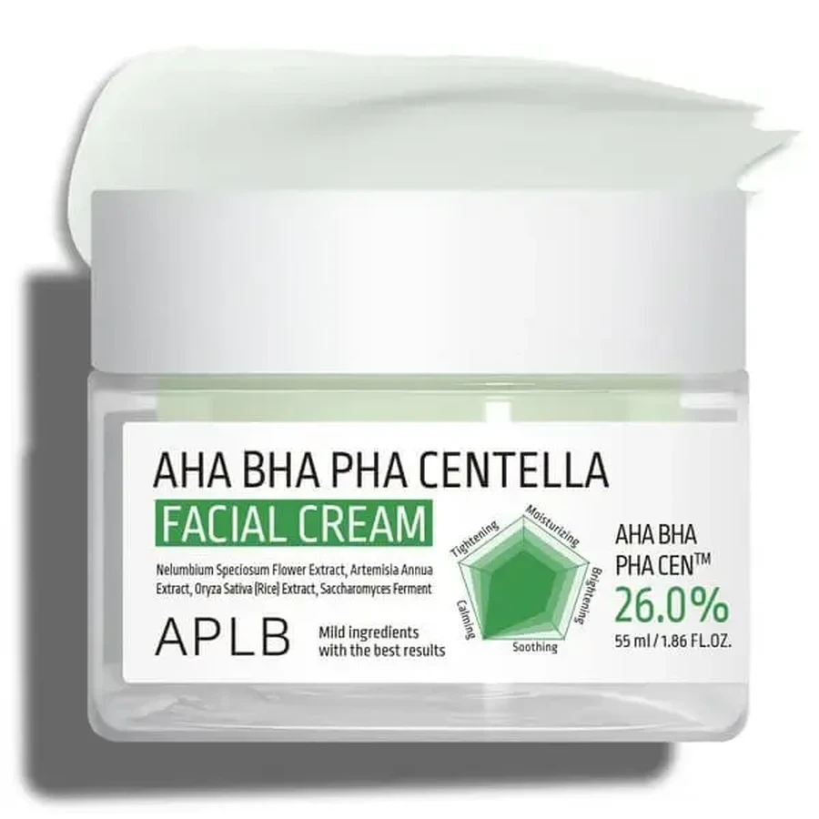 APLB AHA BHA PHA Centella Facial Cream, отшелушивающий и успокаивающий крем для лица с кислотами и центеллой азиатской, 55 мл: цены и характеристики