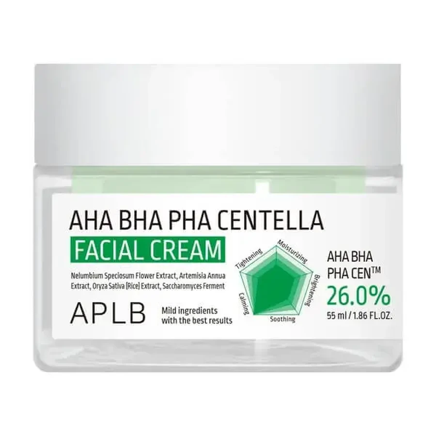 APLB AHA BHA PHA Centella Facial Cream, отшелушивающий и успокаивающий крем для лица с кислотами и центеллой азиатской, 55 мл: цены и характеристики