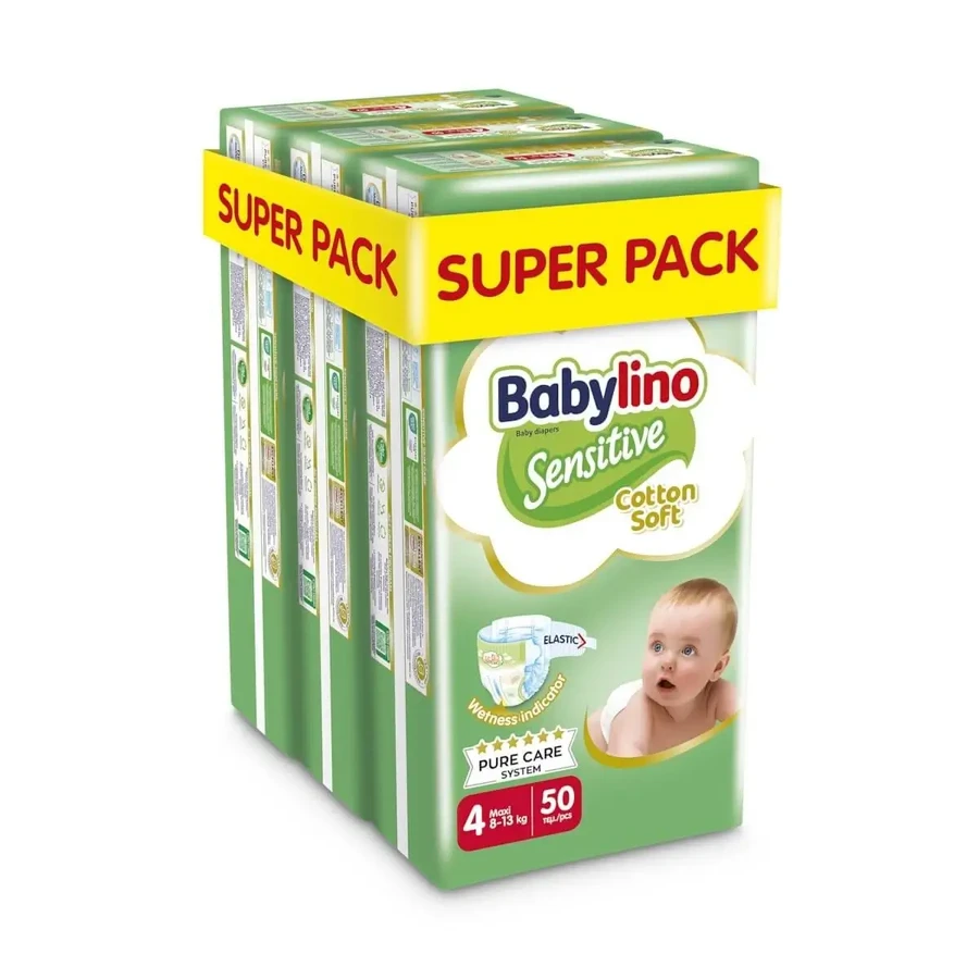 BABYLINO М'які дитячі підгузки з ніжного бавовни №4 8–13 кг (50×3) 150 штук, суперпакет: ціни та характеристики