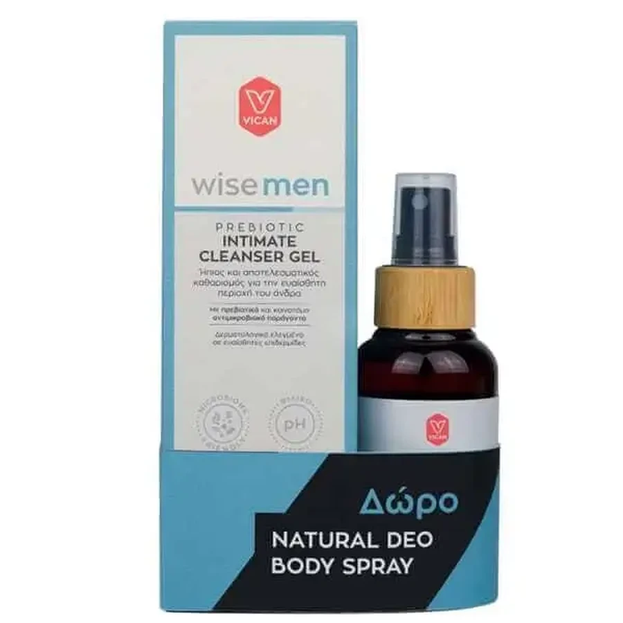 WISE Men Promo Prebiotic — гель для интимной гигиены для чувствительных зон, 250 мл, и в подарок — натуральный дезодорант-спрей для тела, 100 мл: цены и характеристики