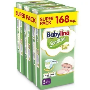 BABYLINO М'які дитячі підгузки з ніжного бавовни №3, 4–9 кг (56×3), 168 штук, Super Pack