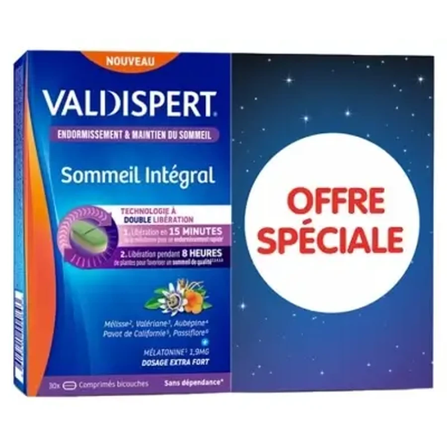 Valdispert Sommeil Intégral, упаковка з 2-х по 30 двошарових таблеток, спеціальна пропозиція: ціни та характеристики