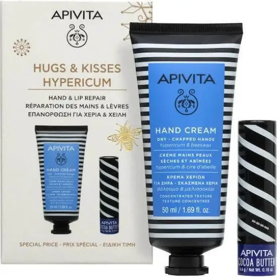 APIVITA Акция «Hugs & Kisses» Hypericum: увлажняющий крем для рук с пчелиным воском 50 мл и Lipcare Cocoa Butter SPF20 4,4 г: цены и характеристики