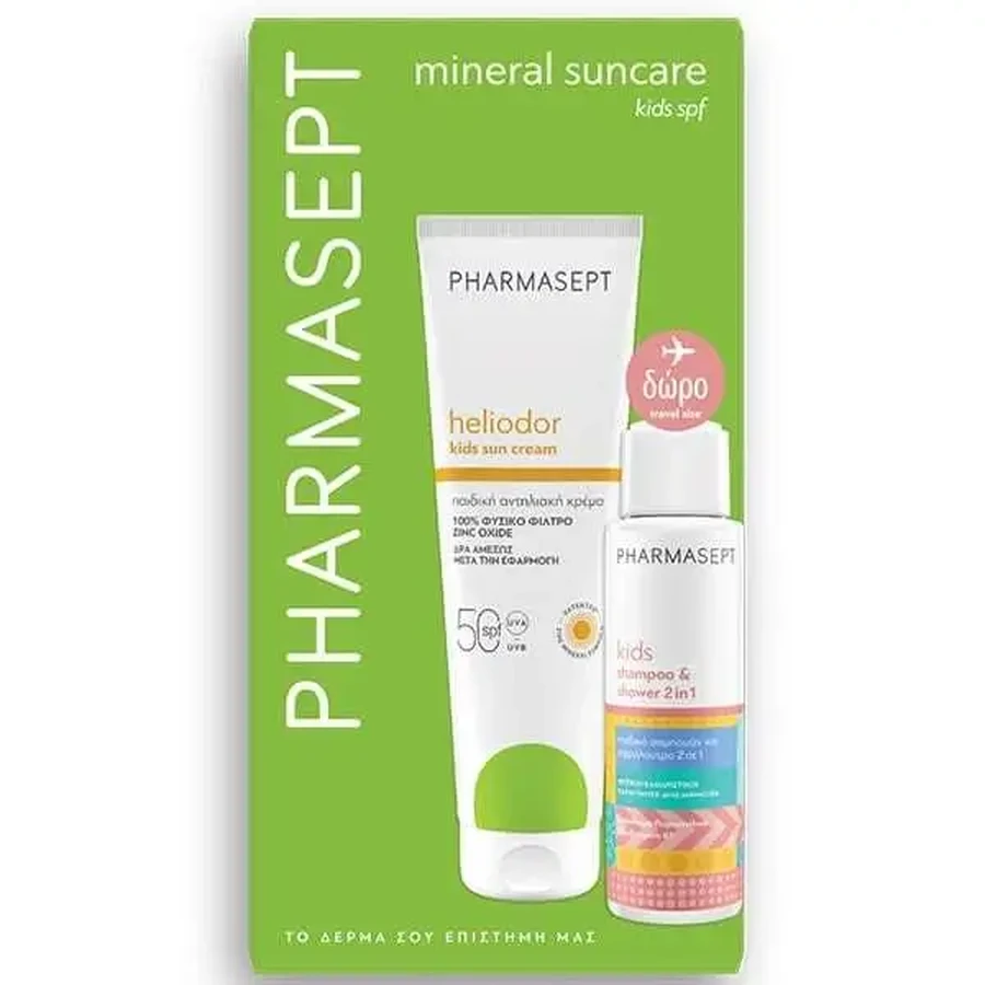 PHARMASEPT: акционная серия «Mineral Suncare Kids» — солнцезащитный крем Heliodor SPF50 для детей, 150 мл, и акционный детский шампунь и гель для душа 2 в 1, 100 мл: цены и характеристики