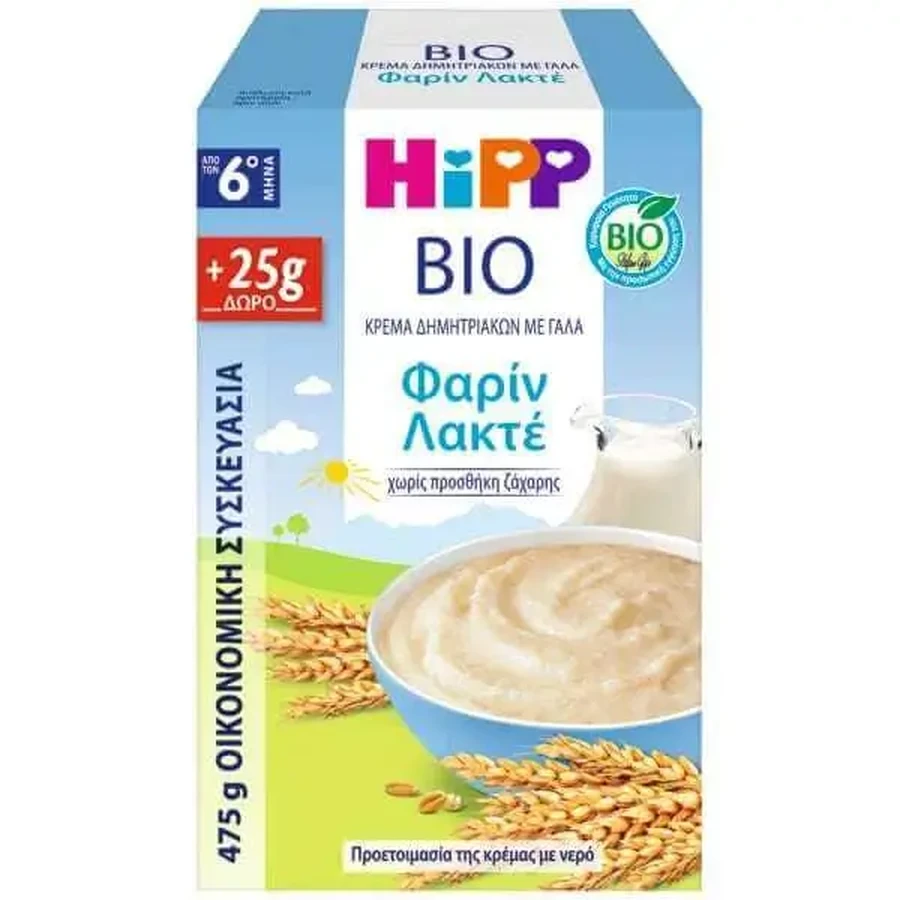 HIPP Bio Promo Крем із зернових з молоком та манною крупою Farin Lactat для дітей від 6 місяців (450 г + 25 г) 475 г: ціни та характеристики