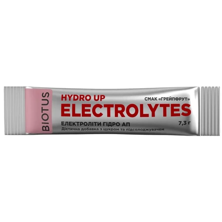 Електроліти Гідро Ап Biotus Eloctrolytes Hydro Up, смак грейпфрут, з цукром та підсолоджувачем, саше 7,3 г, 1 шт.: ціни та характеристики