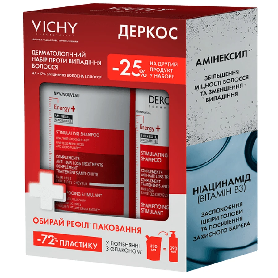 Набор Vichy Dercos: Шампунь для волос Энерджи+ тонизирующий с аминексилом и ниацинамидом против выпадения, 400 мл + Рефилл, 400 мл: цены и характеристики