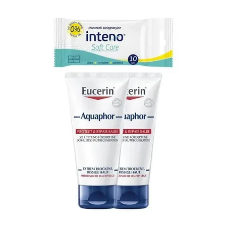 Набор: 2 x Eucerin Aquaphor, восстанавливающая мазь для сухой, потрескавшейся и раздражённой кожи + INTENO Soft Care, ухаживающие салфетки, 10 шт.: цены и характеристики