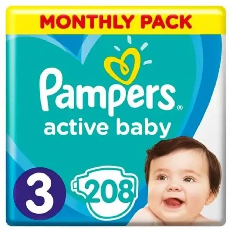 PAMPERS Дитячі підгузки Active Baby № 3, 6–10 кг, 208 штук, місячний набір: ціни та характеристики