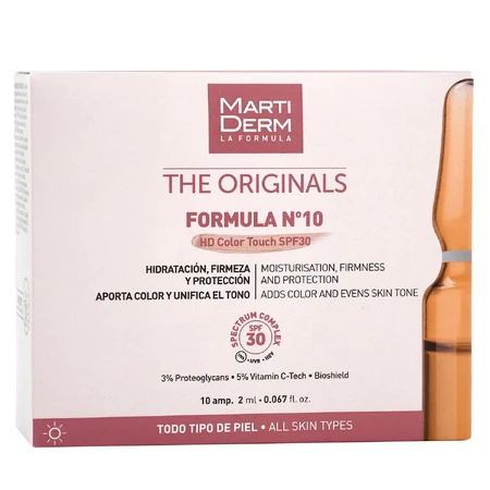 MartiDerm The Originals Formula Nᵒ10 HD Color Touch, увлажняющая и укрепляющая сыворотка, SPF 30, 2 мл × 10 ампул: цены и характеристики