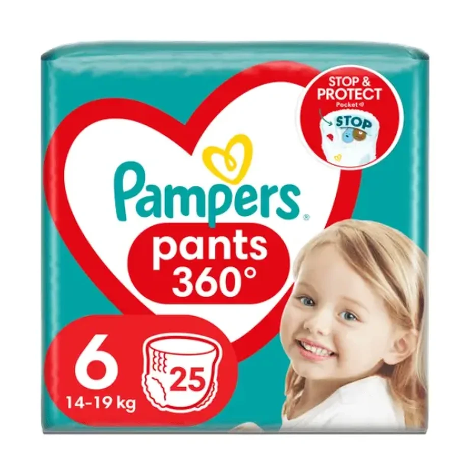 PAMPERS Штани 360° Дитячі підгузки — розмір № 6 (14 кг–19 кг) 25 штук: ціни та характеристики