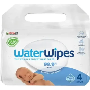 Салфетки WATER Wipes Bio, 100% биоразлагаемые. Бесцветные салфетки, содержащие 99,9% воды, 4x60 (240) штук