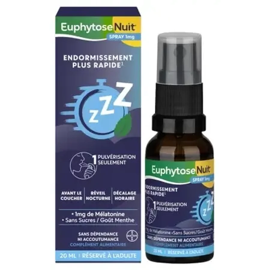 Bayer Euphytose Night — 1 мг мелатонина для быстрого засыпания и облегчения симптомов смены часовых поясов, спрей объемом 20 мл: цены и характеристики