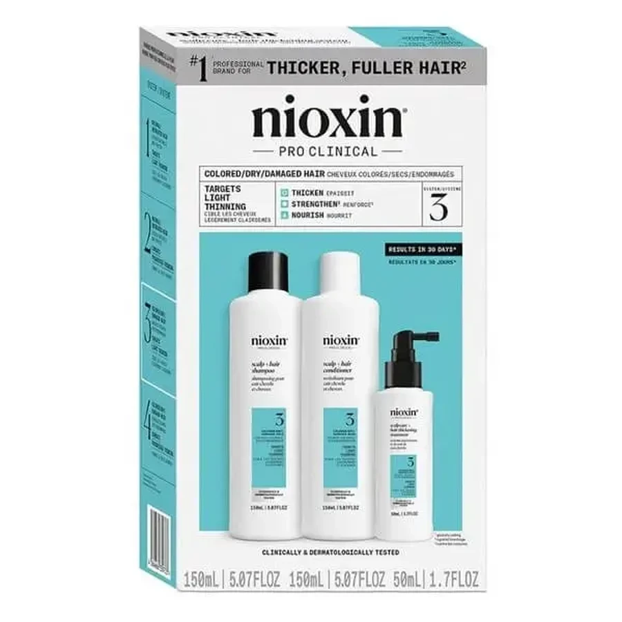 Nioxin System 3, набір для зміцнення фарбованого та злегка поріділого волосся, шампунь 150 мл + кондиціонер 150 мл + сироватка 50 мл: ціни та характеристики