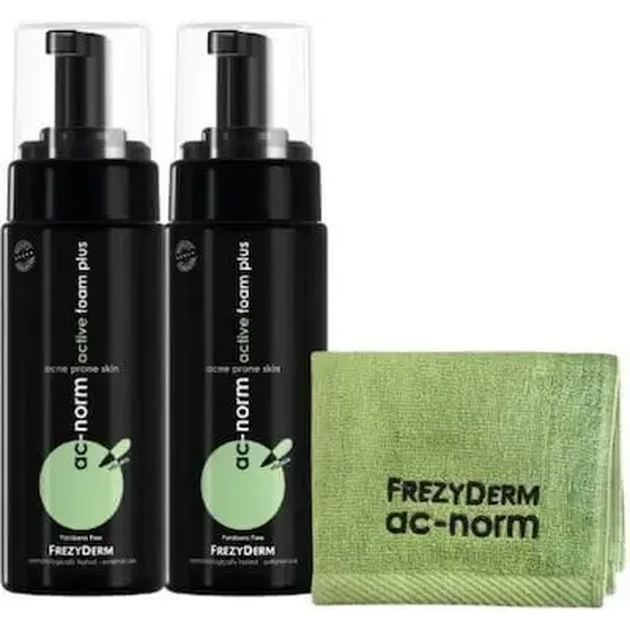 FREZYDERM AC Norm Active Foam Plus — очищающая пенка для лица для кожи, склонной к акне, 2x150 мл. БЕСПЛАТНОЕ антибактериальное полотенце для лица, зелёного цвета: цены и характеристики