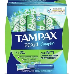 TAMPAX Pearl Compak Super — тампоны с аппликатором и высокой впитывающей способностью, 16 штук