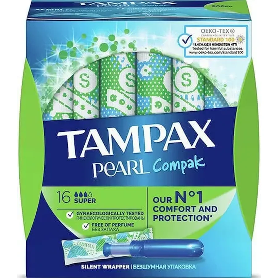 TAMPAX Pearl Compak Super — тампоны с аппликатором и высокой впитывающей способностью, 16 штук: цены и характеристики