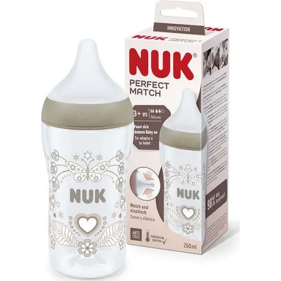 NUK Perfect Match Пластиковый бутылочка с мягкой силиконовой соской против коликов и функцией контроля температуры для детей от 3 месяцев, 260 мл: цены и характеристики