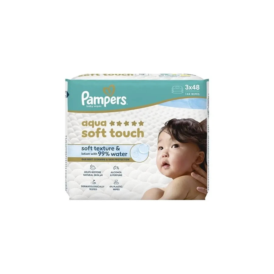 Серветки PAMPERS Baby Aqua Soft Touch (3 пачки по 48 штук) 144 штуки: ціни та характеристики