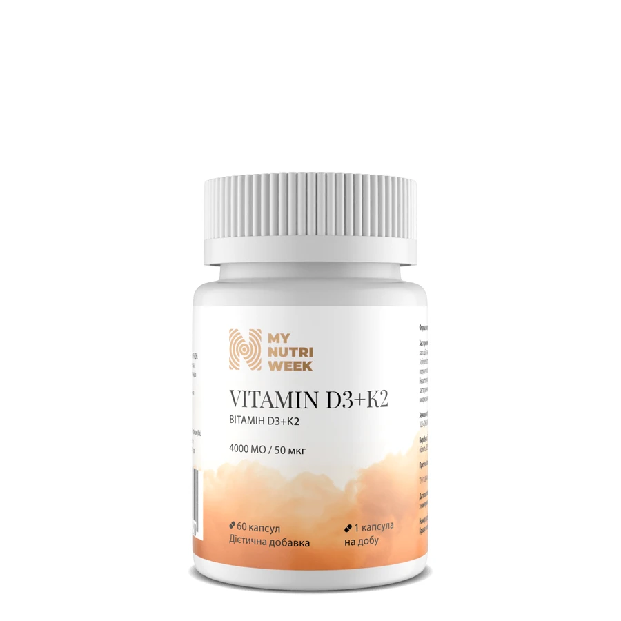 Вітамін D3+К2, Vitamin D3+K2, My Nutri Week, 4000 МО/50 мкг, 60 капсул: ціни та характеристики