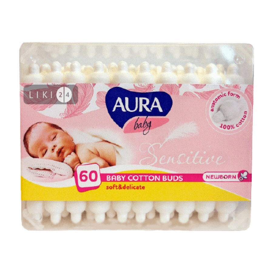 Ватні палички Aura Baby для дітей з обмежувачем 60 шт: ціни та характеристики