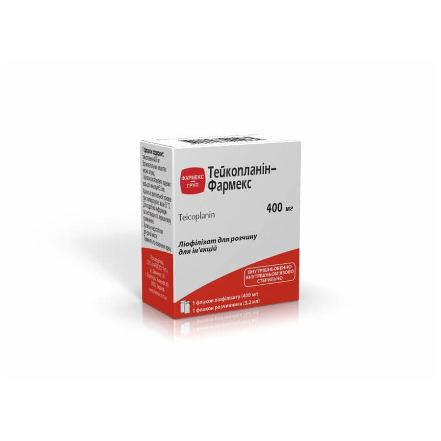 Тейкопланін-Фармекс ліофіл. д/р-ну д/ін. 400 мг фл., з розч. (вода д/ін.) фл.3,2мл: ціни та характеристики