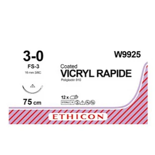 Шовный материал Vicryl Rapide W9925 Polyglactin 910, 3/0, 75 см, игла 16 мм режущая 3/8, неокрашеный 