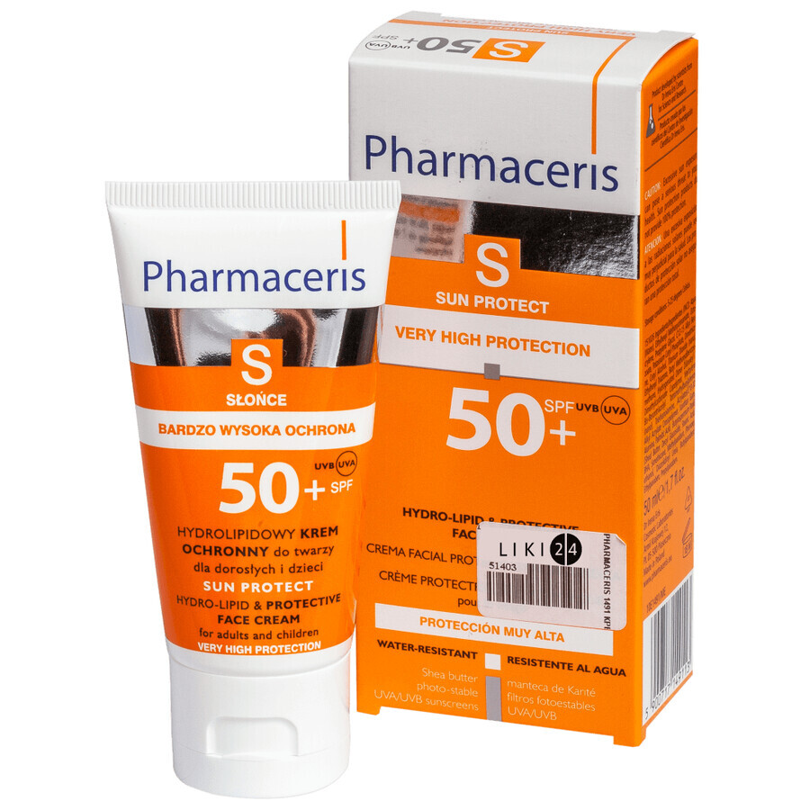 Гідроліпідний сонцезахисний крем для обличчя Pharmaceris S Sun Protect SPF50+ 50 мл: ціни та характеристики