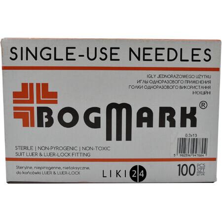Голки ін'єкційні одноразового застосування bogmark 0,3 х 13 мм, 30G №100