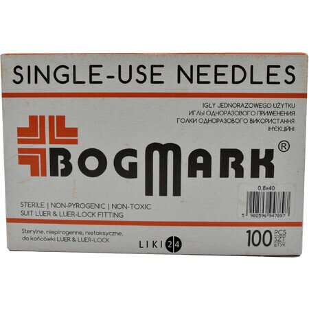 Голки ін'єкційні одноразового застосування bogmark 0,8 х 40 мм, (21G х 1 1/2) №100