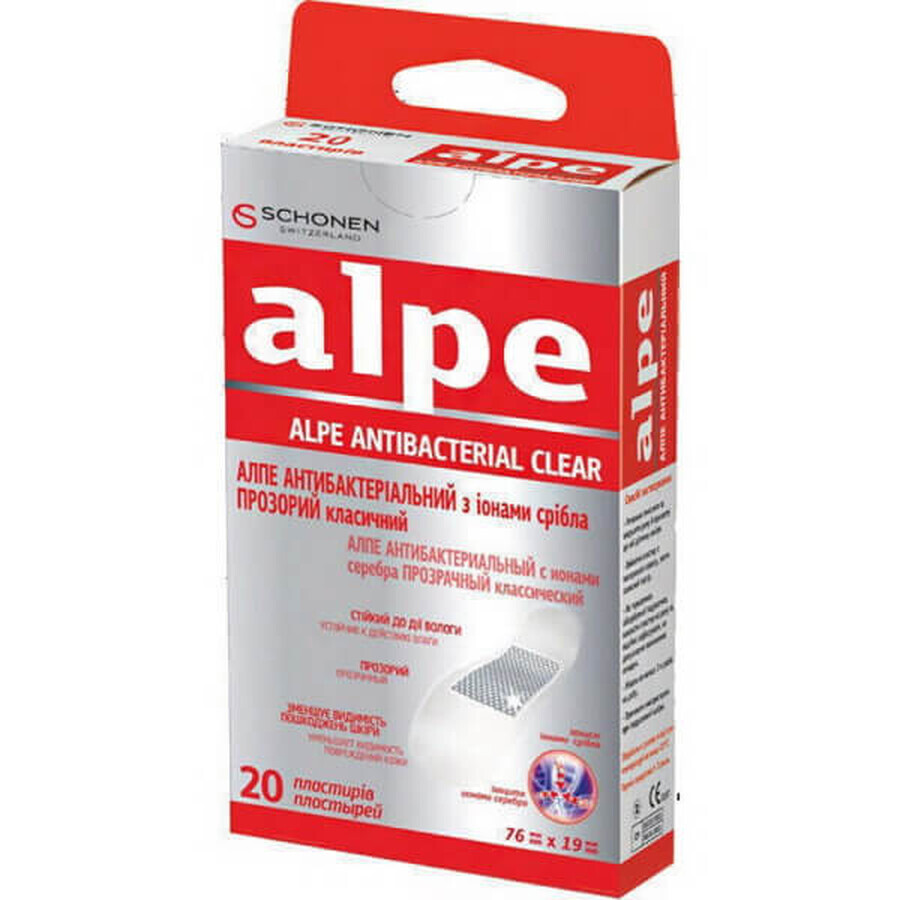 Пластир медичний Alpe антибактеріальний прозорий 76х19мм, з іонами срібла №20: ціни та характеристики