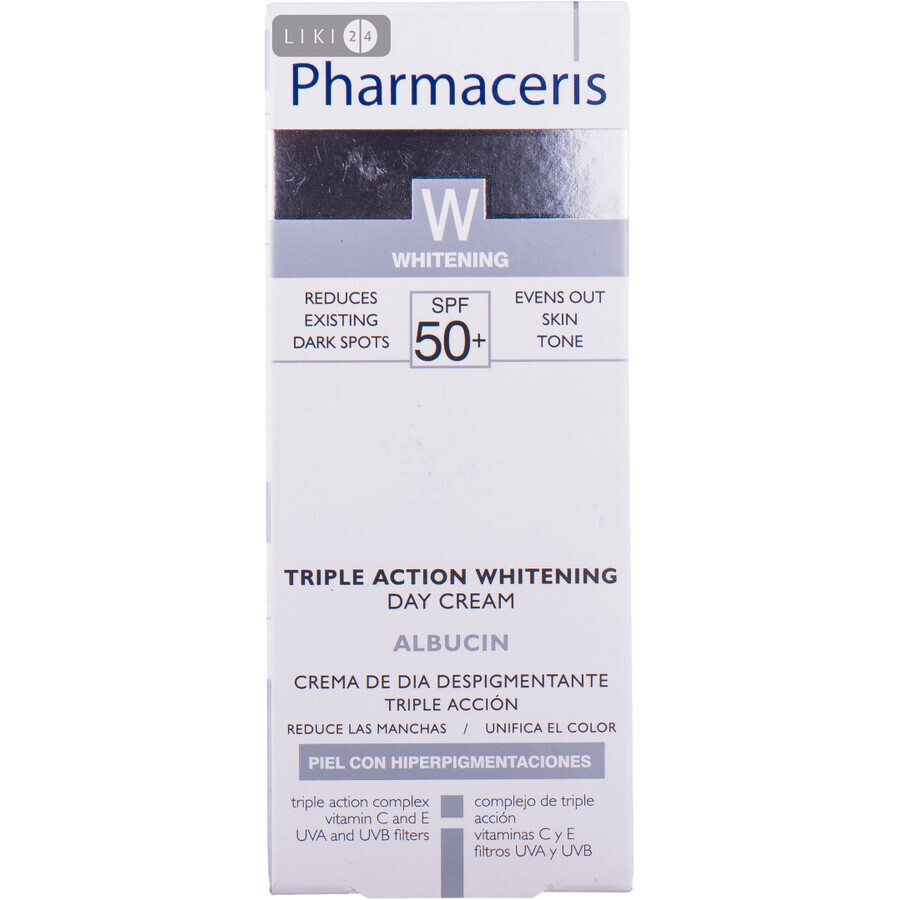 Крем для обличчя Pharmaceris Albucin SPF-50 + Догляд за шкірою з пігментними плямами Денний з осветляющим комплексом потрійної дії, 30 мл: ціни та характеристики