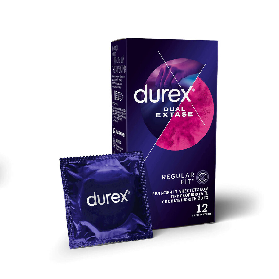 Презервативи латексні з силіконовою змазкою DUREX Dual Extase рельєфні з анестетиком, 12 шт.  відгуки