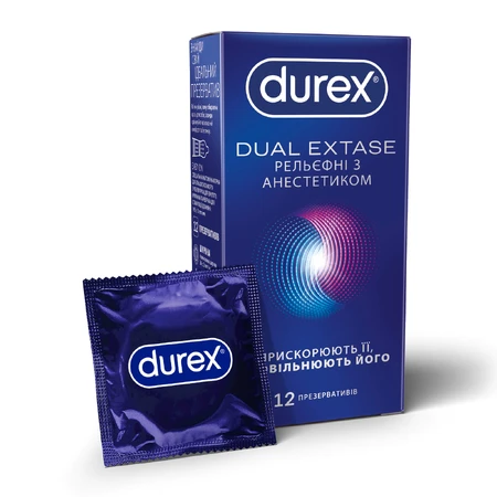 Презервативи латексні з силіконовою змазкою DUREX® Dual Extase (рельєфні з анестетиком), 12 шт. : ціни та характеристики