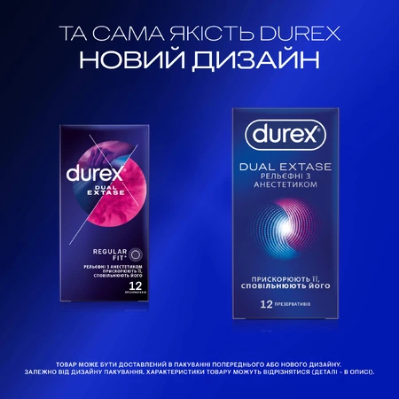 Презервативи латексні з силіконовою змазкою DUREX® Dual Extase (рельєфні з анестетиком), 12 шт. : ціни та характеристики