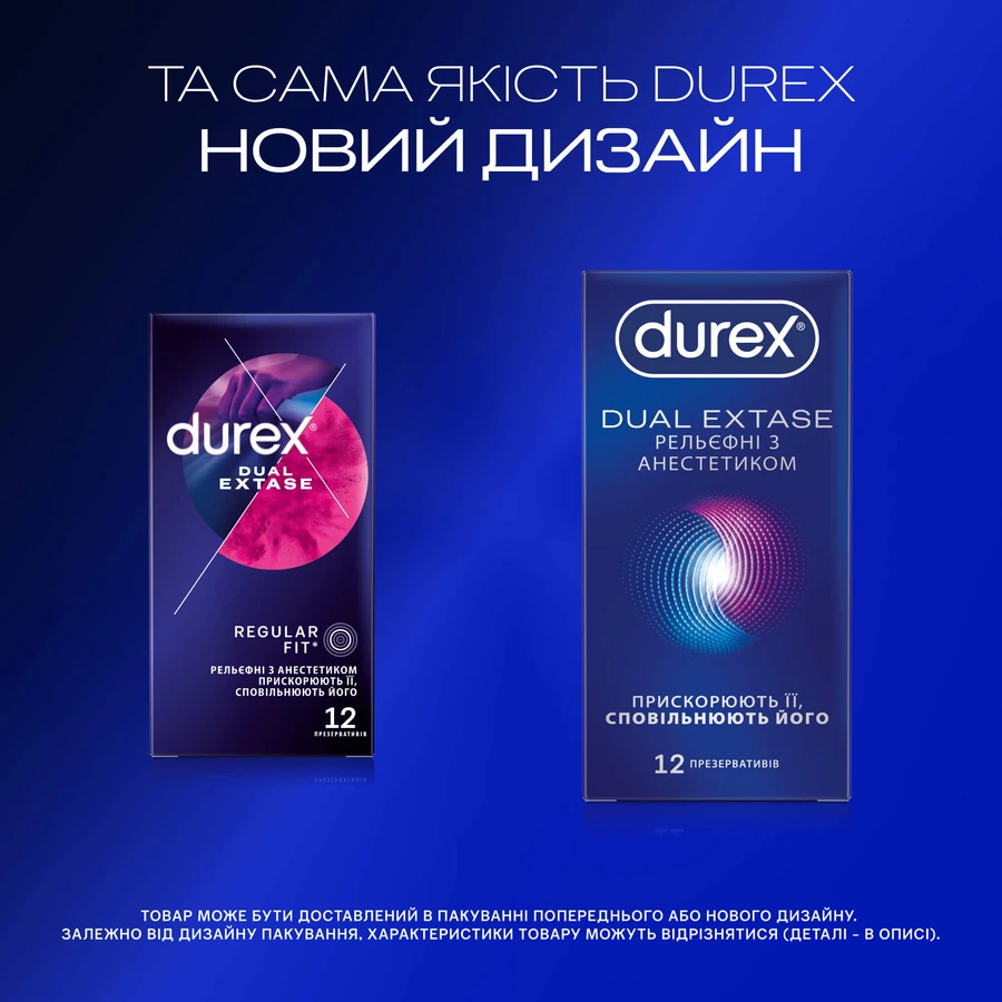 Презервативи латексні з силіконовою змазкою DUREX® Dual Extase (рельєфні з анестетиком), 12 шт. : ціни та характеристики