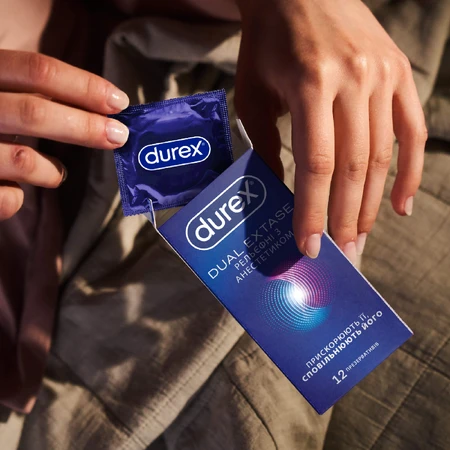 Презервативи латексні з силіконовою змазкою DUREX® Dual Extase (рельєфні з анестетиком), 12 шт. : ціни та характеристики