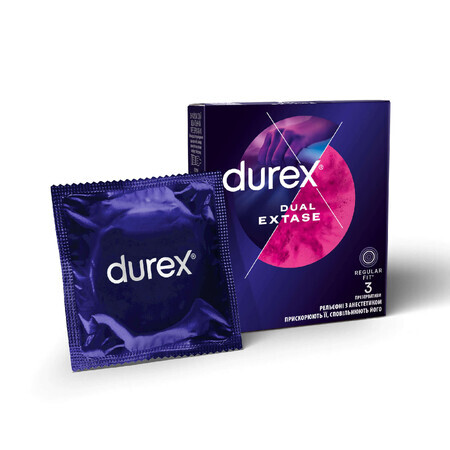 Презервативы латексные с силиконовой смазкой DUREX Dual Extase рельефные с анестетиком, 3 шт. 