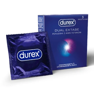 Презервативы латексные с силиконовой смазкой DUREX® Dual Extase (рельефные с анестетиком), 3 шт. 