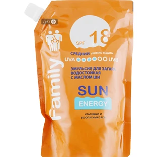 Эмульсия для загара Sun Energy водостойкая с маслом Ши SPF-18 400 мл дой-пак