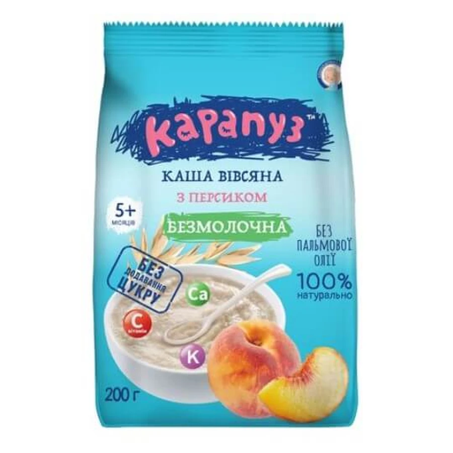Дитяча каша безмолочна Карапуз вівсяна з персиком, від 5 місяців, 200 г: ціни та характеристики