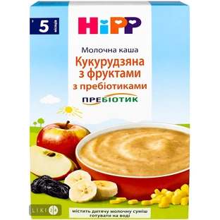 Дитяча каша Hipp кукурудзяна з фруктами з пребіотиками молочна з 5 місяців, 250 г