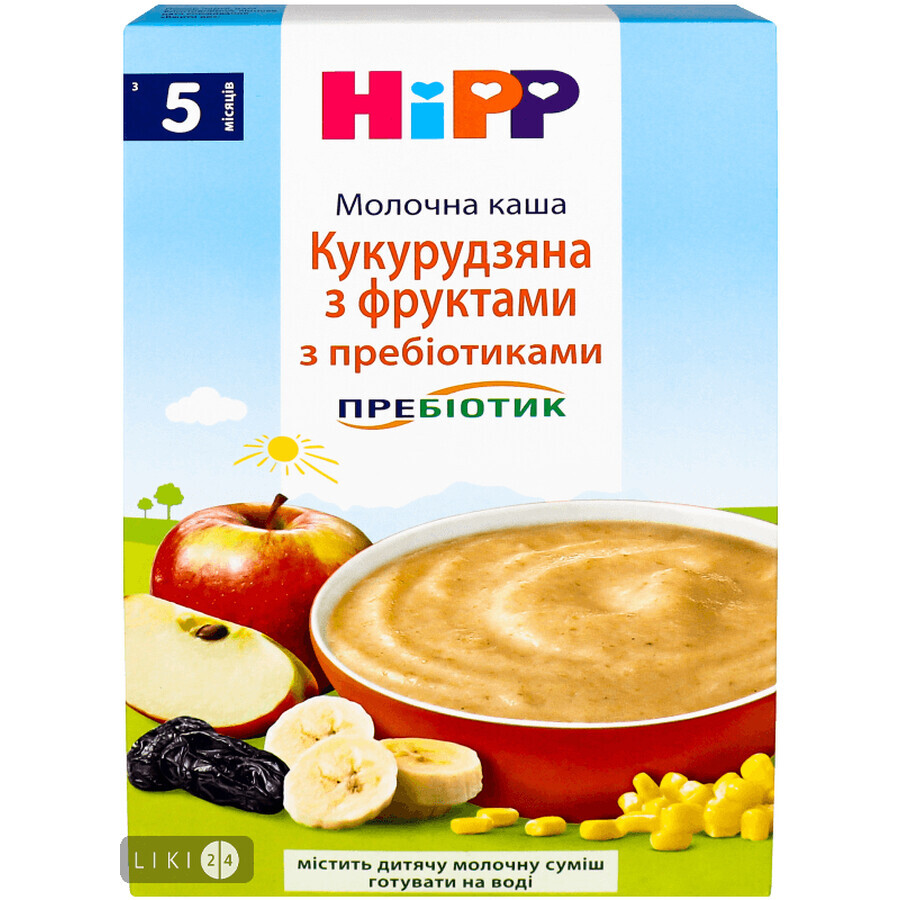 Дитяча каша Hipp кукурудзяна з фруктами з пребіотиками молочна з 5 місяців, 250 г: ціни та характеристики