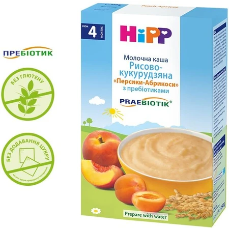 Молочная каша HiPP рисово-кукурузная Персики-Абрикосы с пребиотиками, 250 г: цены и характеристики
