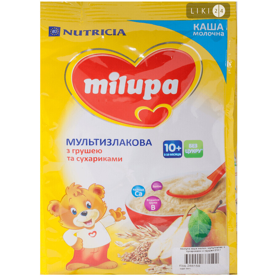 Дитяча каша Milupa Мультизлакова з грушею і сухариками молочна з 10 місяців, 210 г: ціни та характеристики