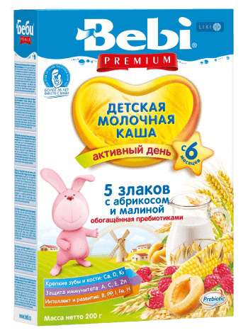 

Дитяча каша Bebi Premium 5 злаків з малиною і абрикосом молочна з 6 місяців, 200 г, 200 г